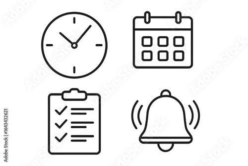 Timeline and Schedule Management Icon Set, Outline Vector Graphics of Clock Face, Calendar, Checklist Clipboard, Alarm Bell for Time Planning and Organization Concepts