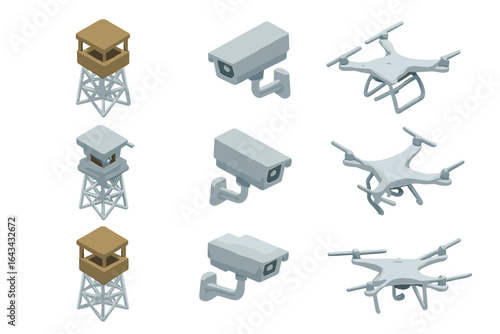 Isometric Surveillance Icon Grid Set with Observation Tower, CCTV Cameras, and Reconnaissance Drones - Flat Vector Illustration on Transparent Background for Security and Monitoring