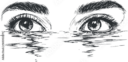 Black and white illustration of a woman's eyes partially submerged in water with detailed eyebrows and eyelashes