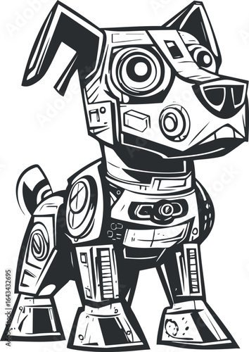 Black and white cartoon illustration of a robotic dog with mechanical and futuristic design
