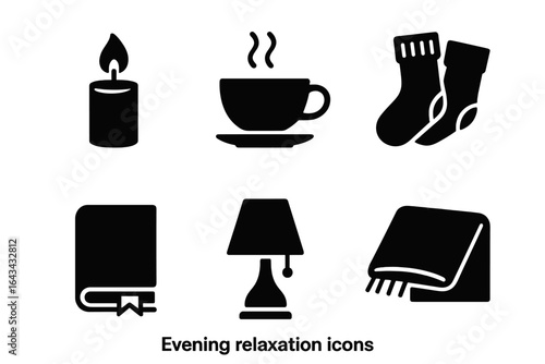 Cozy Evening Relaxation Vector Icons Set. Black Silhouettes of Candle, Hot Drink Cup, Warm Socks, Book, Bedroom Lamp, Soft Blanket. Home Comfort, Night Routine, Hygge, Reading, Hot Tea, Tranquility