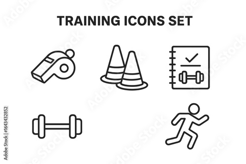 Training Icons Set, Outline Vector Illustration, Coach Whistle, Traffic Cones, Workout Diary, Dumbbell, Running Figure, Fitness and Sports Symbols on Transparent Background