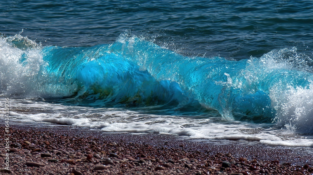 Obraz premium Blue Wave Rolling Onto a Sand Beach – Turquoise Swells Curl and Crash Gently, Foam Kissing the Warm Golden Sands Under Sunlit Skies