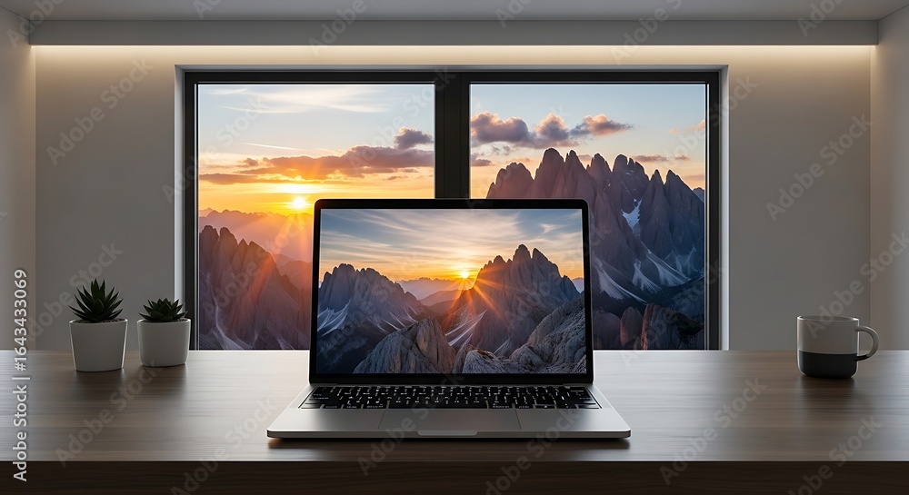 Fototapeta premium Modern workspace blending technology and nature with a majestic mountain sunrise view.