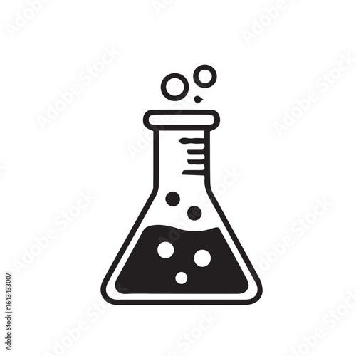 A flat vector icon of a bubbling laboratory flask, a concept of a chemical experiment, scientific research, and discovery.