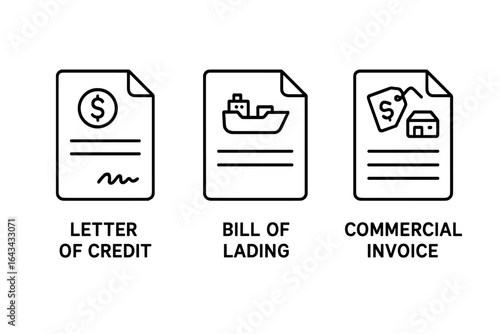 Trade finance icon set. Outline vector symbols. International trade documentation concept. Letter of credit, bill of lading, commercial invoice. Logistics, shipping payment.