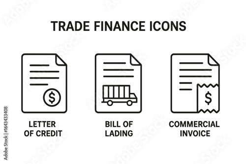 Trade Finance Icons Outline Set, Letter of Credit, Bill of Lading, Commercial Invoice, Trade Documentation, Shipping and Payment Vector Illustration Transparent Background