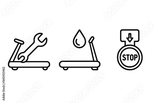 Treadmill maintenance and safety icon set. Outline vector symbols for gym equipment care. Includes wrench for repair, oil for lubrication, and an emergency stop button.