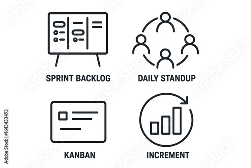 Agile Development Icons Grid Set of 4, Outline Vector Illustrations, Sprint Backlog Board, Daily Standup Circle, Kanban Card, Agile Practices Symbols on Transparent Background