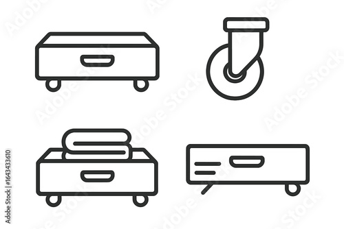 Under-Bed Drawer Icons Set, Outline Vector Illustration of Sliding Storage Drawers, Pull-Out Drawers with Casters, Folded Clothes, and Sliding Mechanism for Home Organization and Furniture Design