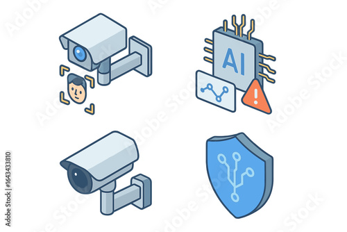 Isometric AI Security Vector Icon Set. Facial Recognition Surveillance Camera, Anomaly Detection, Machine Learning, Cybersecurity Shield. Technology, Data Protection, Privacy, Modern Concept.