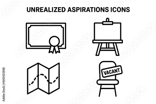 Unrealized Aspirations Icons Set, Outline Style Vector Illustration of Blank Diploma, Empty Easel, Unfolded Map, Vacant Symbols, Ambition and Goals Concept in Minimalist Design