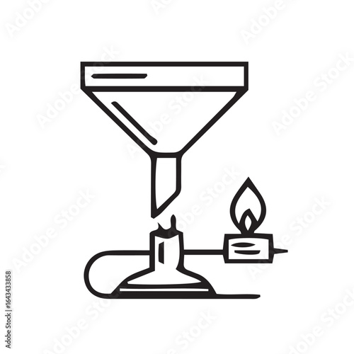 Scientific experiment concept with a laboratory funnel being heated by a burner flame line icon.