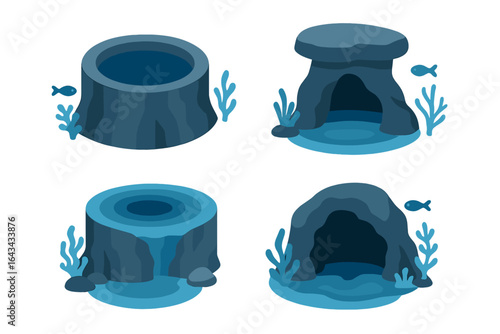 Underwater cave icons set. Isometric flat design elements. Vector illustration of sea cave entrances, blue hole, and cenote opening. Grotto and rock features.