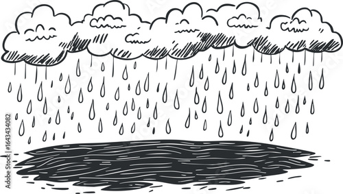 Hand drawn black and white illustration of rain falling from clouds onto water surface
