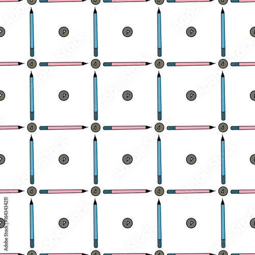 Seamless geometric drawing with pencils and school buttons, squares and polka dots, digital illustration.
