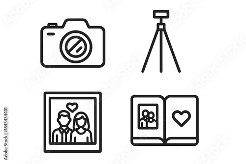 Anniversary photography line icons set. Camera, tripod, wedding couple portrait, photo album with heart. Outline vector illustration. Romantic celebration, photo session, family memories concept.