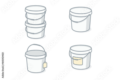 Isometric vector set of plastic storage buckets, utility pails, stackable containers with handles, lids, label tags for paint, construction, household, cleaning, organization, storage solutions.