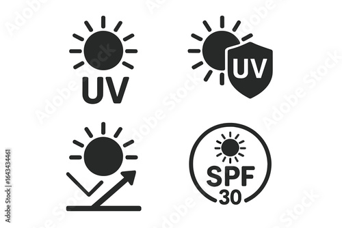 UV protection icon set with UV radiation symbols, ultraviolet sun protection shields, sunscreen SPF 30 vector pictograms, skincare and cosmetic sun safety signage