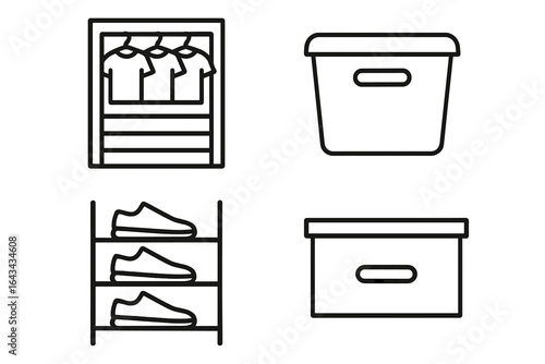 Storage solutions and home organizers outline icon set. Vector symbols of closet shelves, storage bin, shoe rack, drawer. Tidy up, decluttering concept illustration.