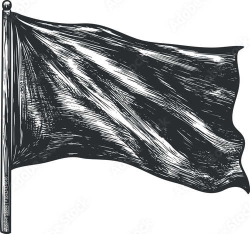 Black and white vintage illustration of a waving flag on a flagpole with detailed fabric texture