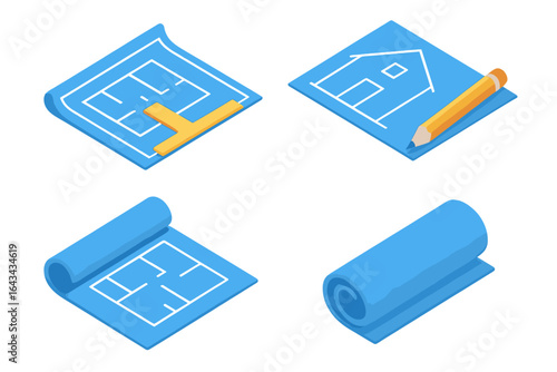 Isometric architectural tools icon set with blueprints, floor plans, elevation drawings, and blueprint rolls, flat vector illustrations for construction and design projects, transparent background