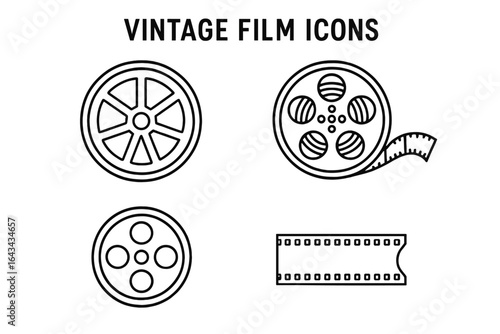 Vintage film icons. Outline icon set of movie reel and canisters. Old cinema spool and filmstrip. Retro cinematography equipment symbol for video production. Vector line art.