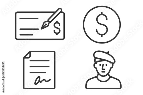 Artist rights, royalties and payments icons set. Vector outline illustration of royalty check, dollar sign, contract signature, artist avatar, copyright agreement, legal, creative profession concept