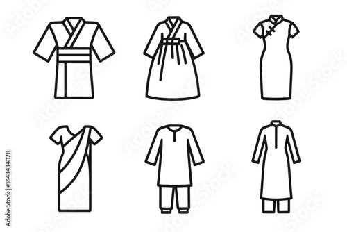 Asian traditional garment icons set, outline vector illustration with kimono, hanbok, cheongsam, sari, shalwar kameez, ao dai, cultural clothing symbols, ethnic fashion apparel