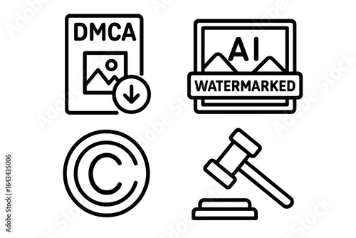 AI art copyright icon set. Concepts of intellectual property, law, DMCA takedown, watermarking, and legal issues. Vector outline illustration of a gavel and copyright symbol.