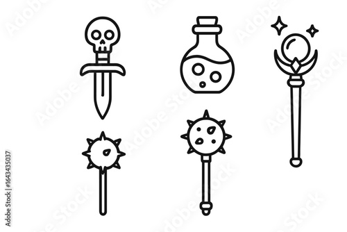 Outline vector icon set of villain weapons including skull hilt dagger, poison vial, spiked mace, magical scepter, and dark fantasy props for game design and storytelling