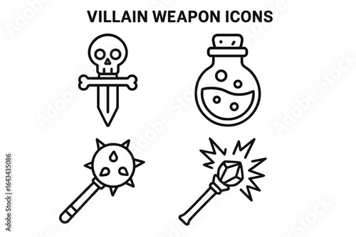 Villain weapon icon set with outline design, including dagger with skull hilt, poison vial, spiked mace, scepter, and magical elements, dark fantasy props vector illustration
