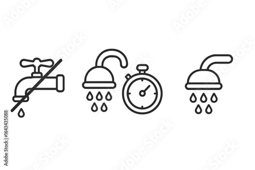 Water conservation icons set. Save water concept illustration. Outline vector symbols for awareness, faucet turned off, shower timer, low-flow showerhead, ecology.