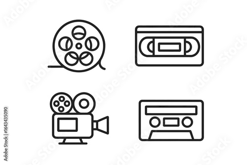 Set of 4 Outline Audio-Visual Archive Icons Including Film Reel, Videotape Cassette, Projector, and Preservation Symbols for Media Storage and Digital Archiving