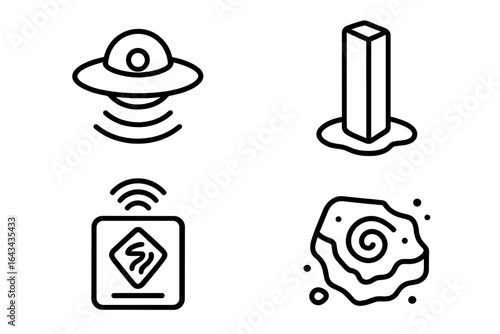 Alien artifact icon set. Outline vector icons for sci-fi concepts. UFO silhouette, space monolith, alien glyph detector, and ancient paranormal rock relic.