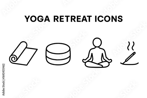Yoga Retreat Icons, Outline Vector Set of Yoga Elements Including Yoga Mat, Meditation Cushion, Lotus Pose Silhouette, and Incense Stick, Wellness and Mindfulness Symbols