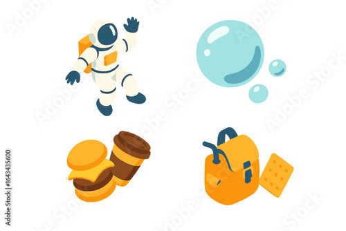 Zero Gravity Icon Set Isometric Flat Vector Illustration Featuring Floating Astronaut, Liquid Bubbles, Floating Food and Drinks, Backpack and Space Snacks on Transparent Background