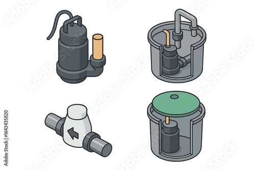 Isometric vector set of basement sewage ejector pump system, submersible sewage pump, pit basin with cover, sewage discharge check valve, plumbing wastewater removal, house basement drainage.