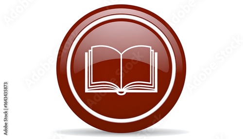 Round maroon button icon with an open book symbol.