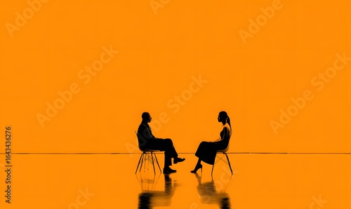 Silhouette interview scene stock photo man and woman sitting facing each other on orange background
