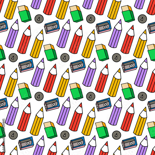 A puzzle game for kids to find the right shadow. Cute cartoon school supplies. isolated on a white background