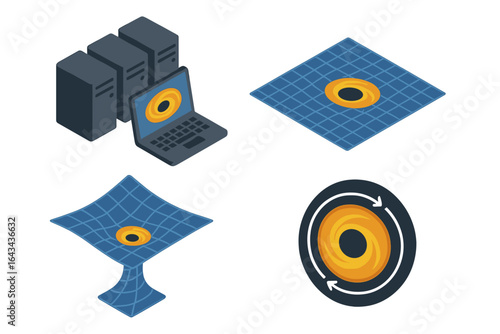 Black hole simulation icons set. Isometric vector computer cluster, scientific modeling, astrophysics study, spacetime grid, rotating event horizon, space gravity illustration, research concept.