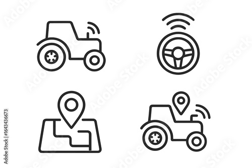 Autonomous tractor outline icon set. Smart farming, agriculture technology concepts. Symbols for driverless machinery, GPS navigation, automation, and remote control. Line art vector.