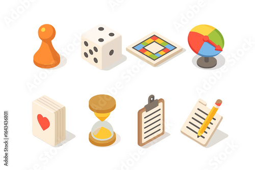 Isometric Board Game Pieces and Accessories Set – Pawn, Dice, Game Board, Spinner, Playing Cards, Timer, Clipboard, Scorepad, Pencil – Colorful Tabletop Game Elements Collection Vector