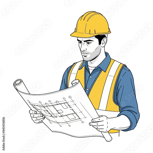 Vector art of engineer wearing a hard hat and safety vest studying blueprints