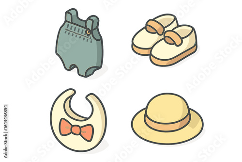 Baby clothes and accessories icon set. Isometric vector illustration of a cute newborn outfit with romper, shoes, bowtie bib, and sun hat. Flat design graphic elements.