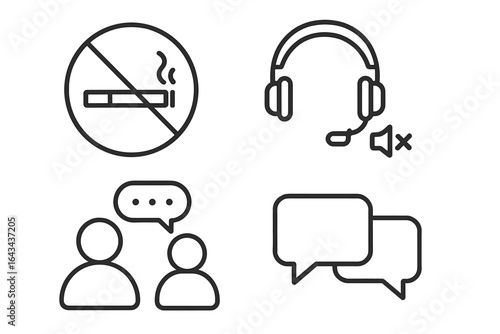 Carpool etiquette outline icon set. Shared ride rules symbols. No smoking sign, quiet zone with headphones, talking and chat bubble icons. Vector pictograms for web.