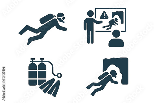 Cave Diving Vector Icon Set. Isometric Silhouette Collection Featuring Tourist and Recreational Cave Diver, Safety Briefing Scene, Scuba Equipment Tank Fins, Underwater Exploration, Adventure Concept