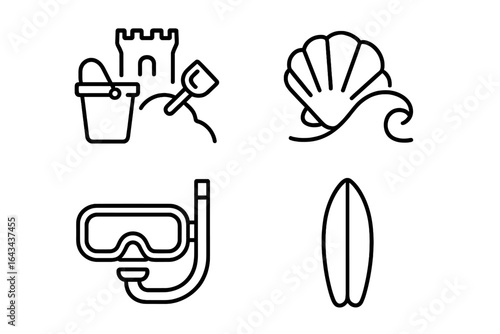 Beach activities outline icon set. Summer vacation symbols. Sandcastle, bucket, shell, wave, snorkel, surfboard. Line art vector for travel, leisure, and holiday design.