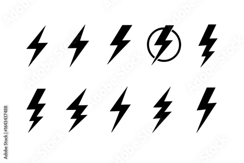 Black lightning bolt icons set. Vector illustrations on white background. Diverse designs for storm, electricity, speed, power, energy, and flash symbol concepts.